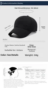 Detailed size chart for cotton baseball cap showing 56-60cm circumference and dimensions