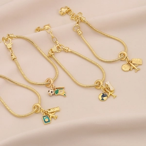 Fashionable Copper Charm Bracelet Snake Bone Chain With Travel Airplane Earth Pendants Enamel Rhinestone Jewelry For Women