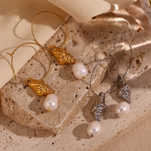 18K gold plated hoop earrings featuring shell pendants and natural freshwater pearls