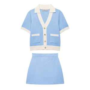 Mujer Punto Manga Corta Botones Cárdigan Y Falda Línea A Mini Retro Color Contraste Casual Ropa Diaria Top Parte Inferior