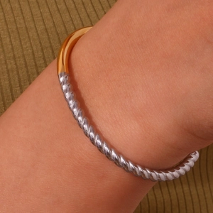 Two-tone 18K gold and silver twisted cable stainless steel cuff bracelet for women