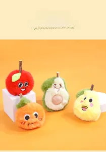 Detailed plush cat toys featuring cute embroidered fruit characters like avocado and apple