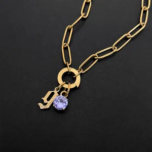 Stainless steel paperclip chain necklace with letter g and purple zircon pendant