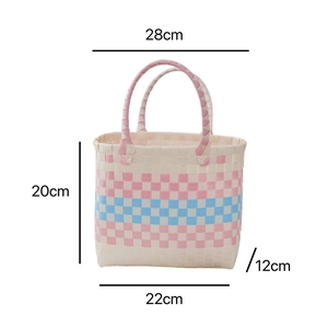 Pink and blue plaid woven picnic basket with large capacity and dimension markings