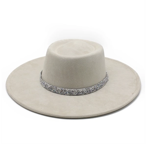 Elegant wide brim suede felt boater hat with shimmering rhinestone band accessory