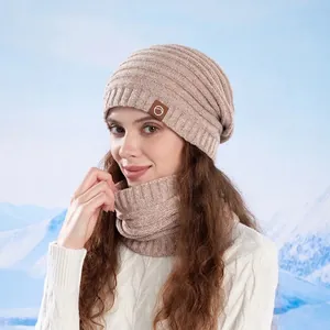 Women winter thermal knit beanie hat and scarf set in beige with soft fleece lining