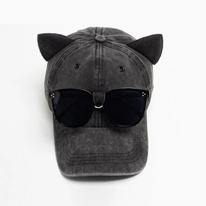 Washed dark gray baseball cap with cat ears and integrated black square sunglasses