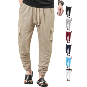 Men Cargo Joggers Linen Like Texture Breathable Lightweight Drawstring Waist Summer Casual Tapered Pants