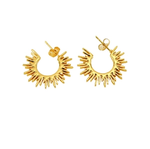 Detailed view of gold-plated sunburst C-shape earrings with a radiant ray-inspired design