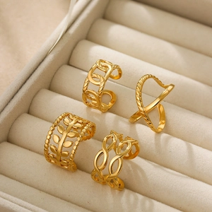 Vintage 18K Gold Plated Titanium Steel Open Ring For Women Men Hollow Leaf Braided Cross Knot Adjustable Fashion Jewelry