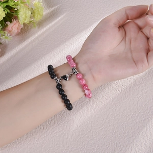 Bracelets de couple cœur magnétique avec perles de pierre naturelle noires et roses