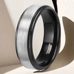 Minimalist tungsten carbide ring with silver brushed center and black polished edges