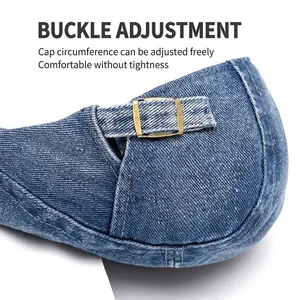 Classic denim beret featuring an adjustable vintage gold metal buckle and sturdy stitching