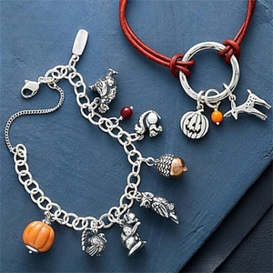 Macro detail of stainless steel charm bracelets with pumpkin and owl festive pendants
