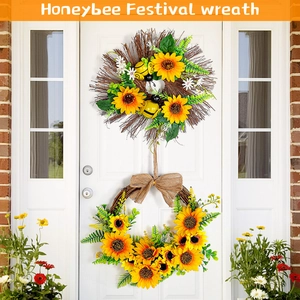 Artificial Sunflower Wreath With Burlap Bow And Honeybee Decor Rural Style For Front Door Home Decoration