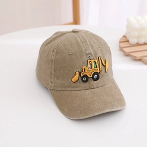 Detailed view of kids washed khaki baseball cap with yellow excavator embroidery detail