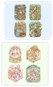 Macro view of 3D miniature scene stickers showing fairy tales and dessert world themes