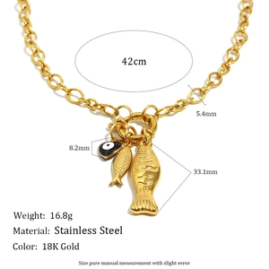 18K gold plated stainless steel necklace with fish pendant and evil eye charm
