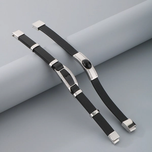 Double-layer leather and silicone bracelets with stainless steel hardware and crystals