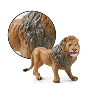 Realistic male lion toy figure with detailed mane textures on a white background