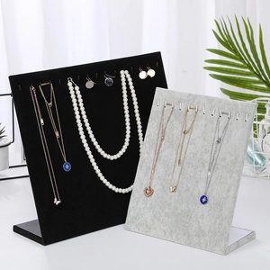L-shaped velvet jewelry display stands for necklaces and earrings in black and grey