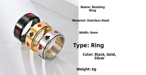 Detail of 8mm rotating stainless steel rings with poker suits engravings in black gold silver