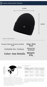 Size chart and measurement guide for unisex knit beanie with specific dimensions and head circumference