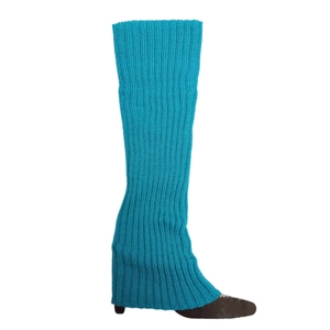 Detailed vertical view of lake blue ribbed knit leg warmers with high elastic texture