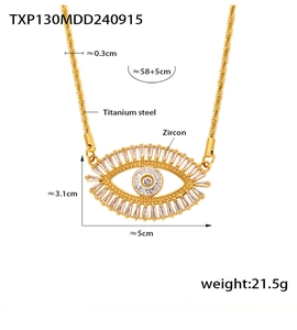 Detail of titanium steel evil eye pendant with zircon dimensions and weight specs