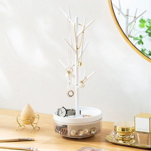 Tree Shaped Jewelry Organizer Rack Plastic Rotating Base Detachable Branches Storage Tray For Necklace Earrings Ring Keys