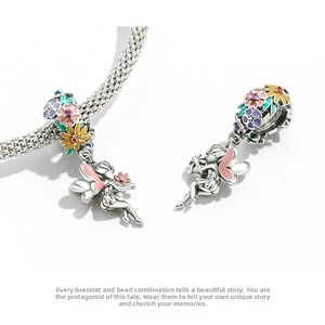 Detail of S925 silver flower fairy charm with colorful enamel wings for DIY bracelets