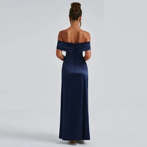 Rear view of sleek navy blue satin off-shoulder evening gown with fitted silhouette