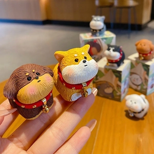 Set of five cute resin dog figurines with detailed fur texture and gold bell collars
