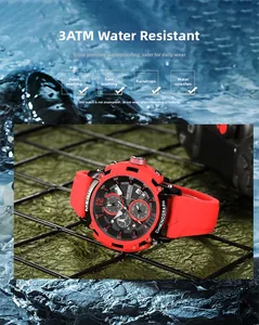 Détail de la montre chronographe de sport MEGIR rouge avec étanchéité 3ATM et cadran noir
