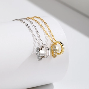 Freshwater Pearl Pendant Necklace 925 Sterling Silver Double Interlocking Ring Micro Pave Zirconia Jewelry For Women