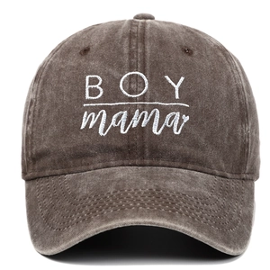 Detail of white BOY mama embroidery on dark brown washed cotton distressed baseball cap