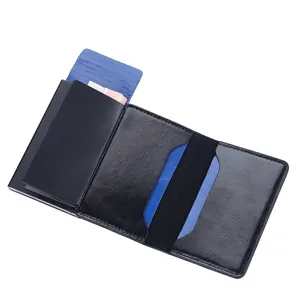 Men's black RFID blocking aluminum wallet with automatic pop-up card mechanism