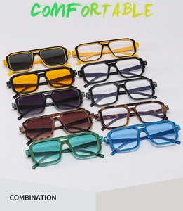 Detailed grid of oversized square sunglasses in ten assorted colors and double beam design