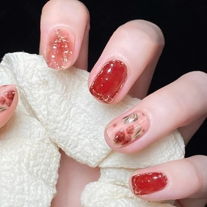 Faux Ongles À Presser Rouge Ombré Feuilles D Or Paillettes Brillant Court Carré Rond Motif Floral Pour Femmes