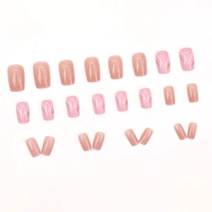 Elegant white wave pattern press-on nails with gold glitter in light pink nude style