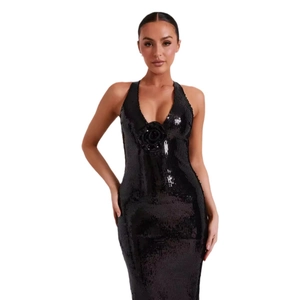 Elegant black sequin evening gown featuring a halter neck and 3D rose flower detail