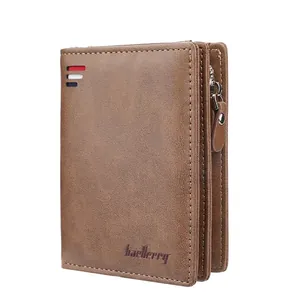 Vertical brown PU leather wallet for men featuring multiple card slots and a zipper pocket