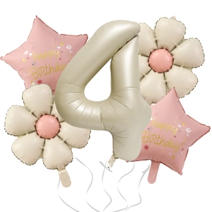 Beige 32-inch number 4 foil balloon set with daisy flower and pink star birthday decor