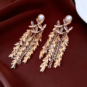 18K Gold Plated Vintage Flower Leaf Long Tassel Earrings Faux Artificial Pearl With 925 Sterling Silver Earring Post For Women