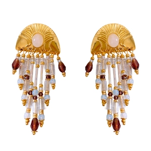 Boucles d'oreilles vintage en forme d'éventail avec pierres blanches et glands perlés