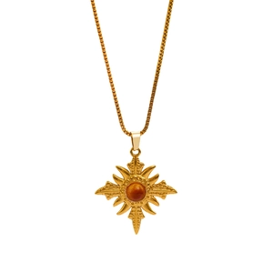 Collier chaîne dorée vintage avec pierre œil de tigre et pendentif rayon de soleil
