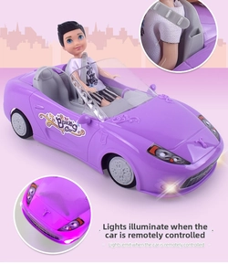 Detail of purple remote control convertible car showing LED headlights and doll interior