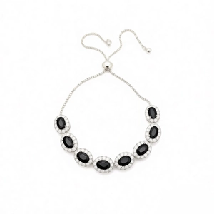 Adjustable bolo bracelet with oval black zircons and pavé-set sparkling cubic zirconia