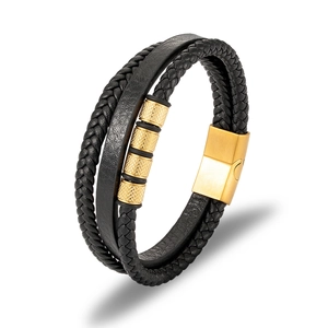 Multi-layer braided black leather bracelet with gold metal beads and magnetic clasp