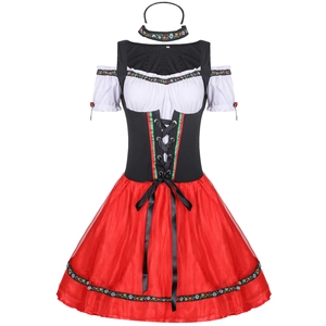 Traditional German Dirndl Oktoberfest costume set with red skirt and black corset vest